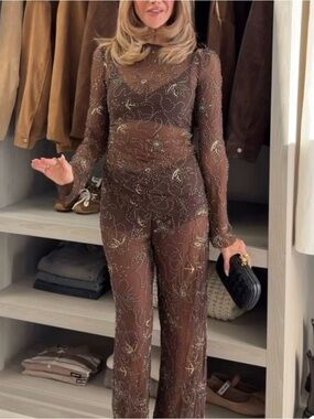 ZARA BROWN SHEER LONG SLEEVE TOP WITH BEADS AND SEQUINS